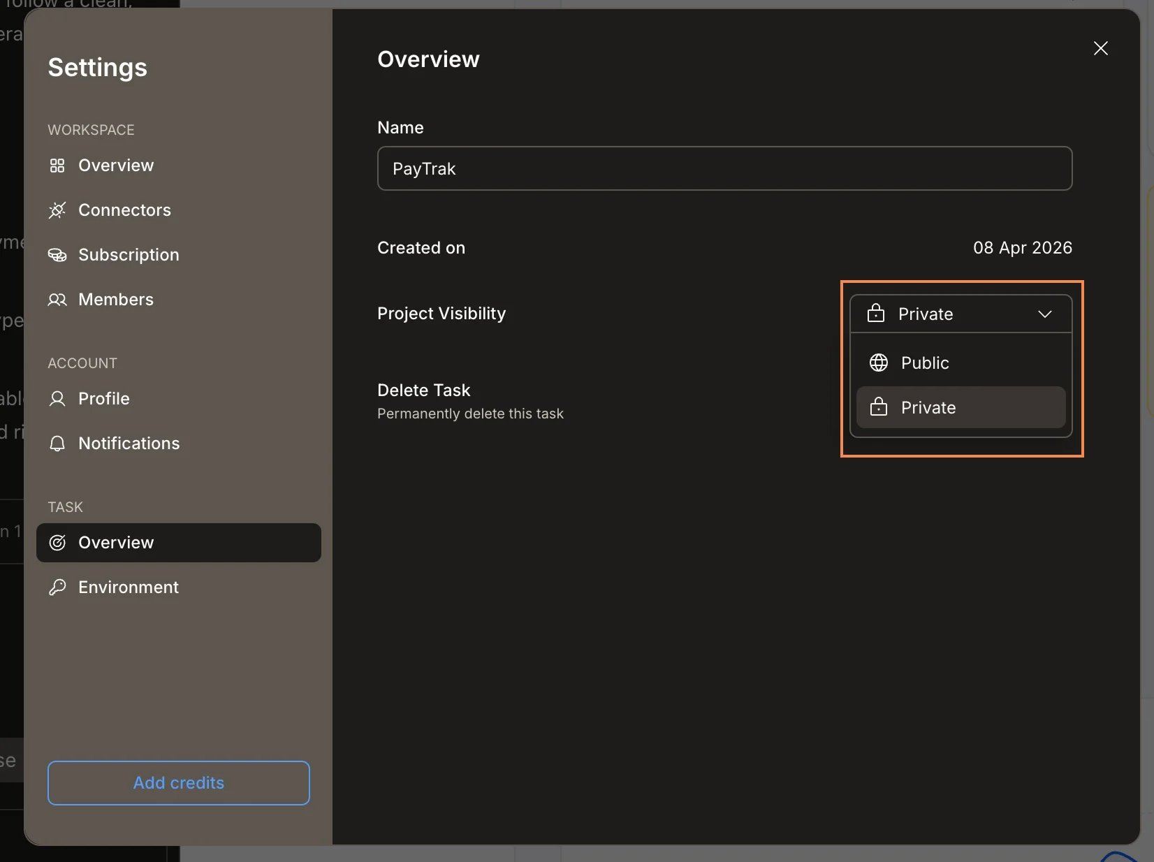 Task Settings Overview panel with the Task Visibility dropdown open, showing Public and Private options.