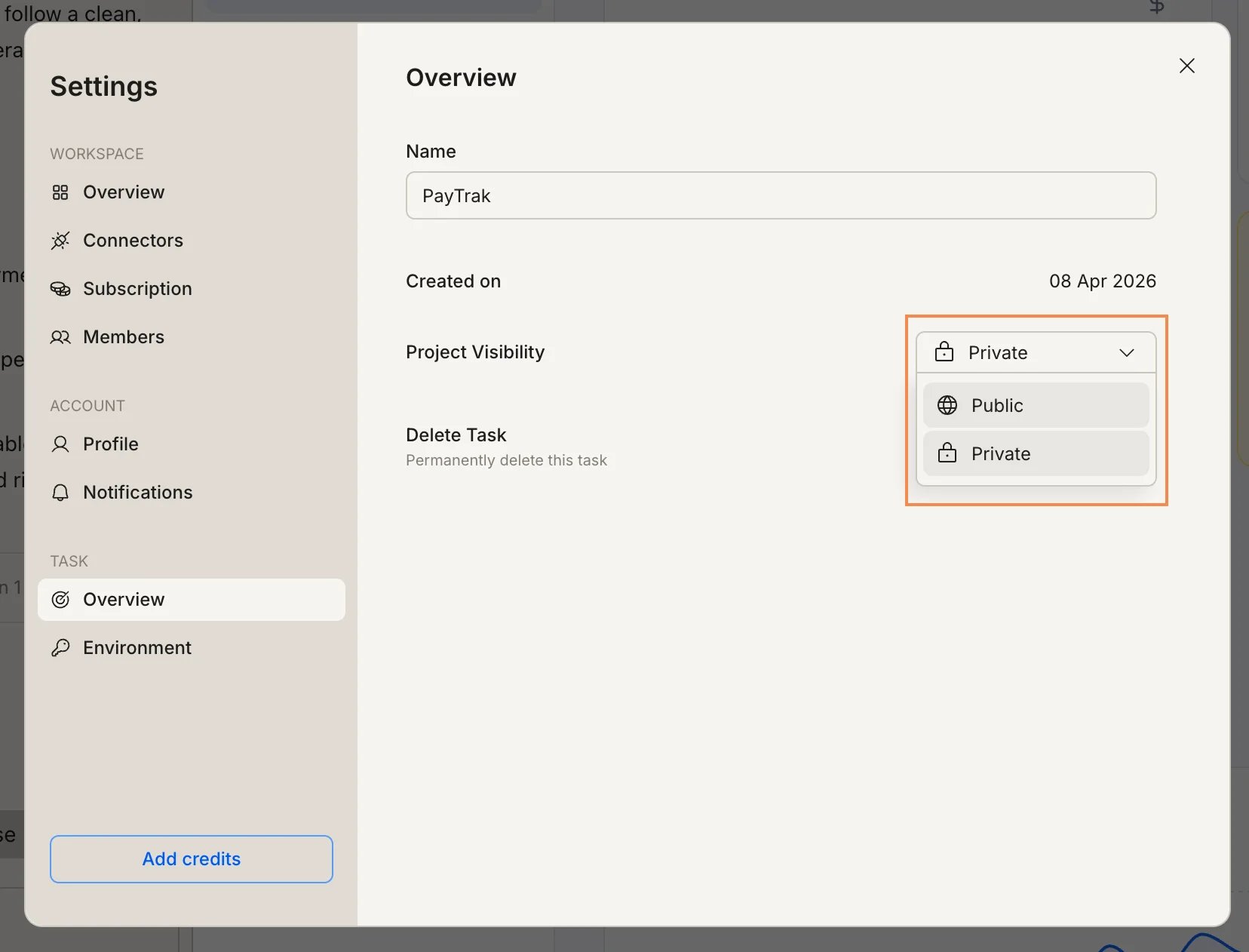 Task Settings Overview panel with the Task Visibility dropdown open, showing Public and Private options.
