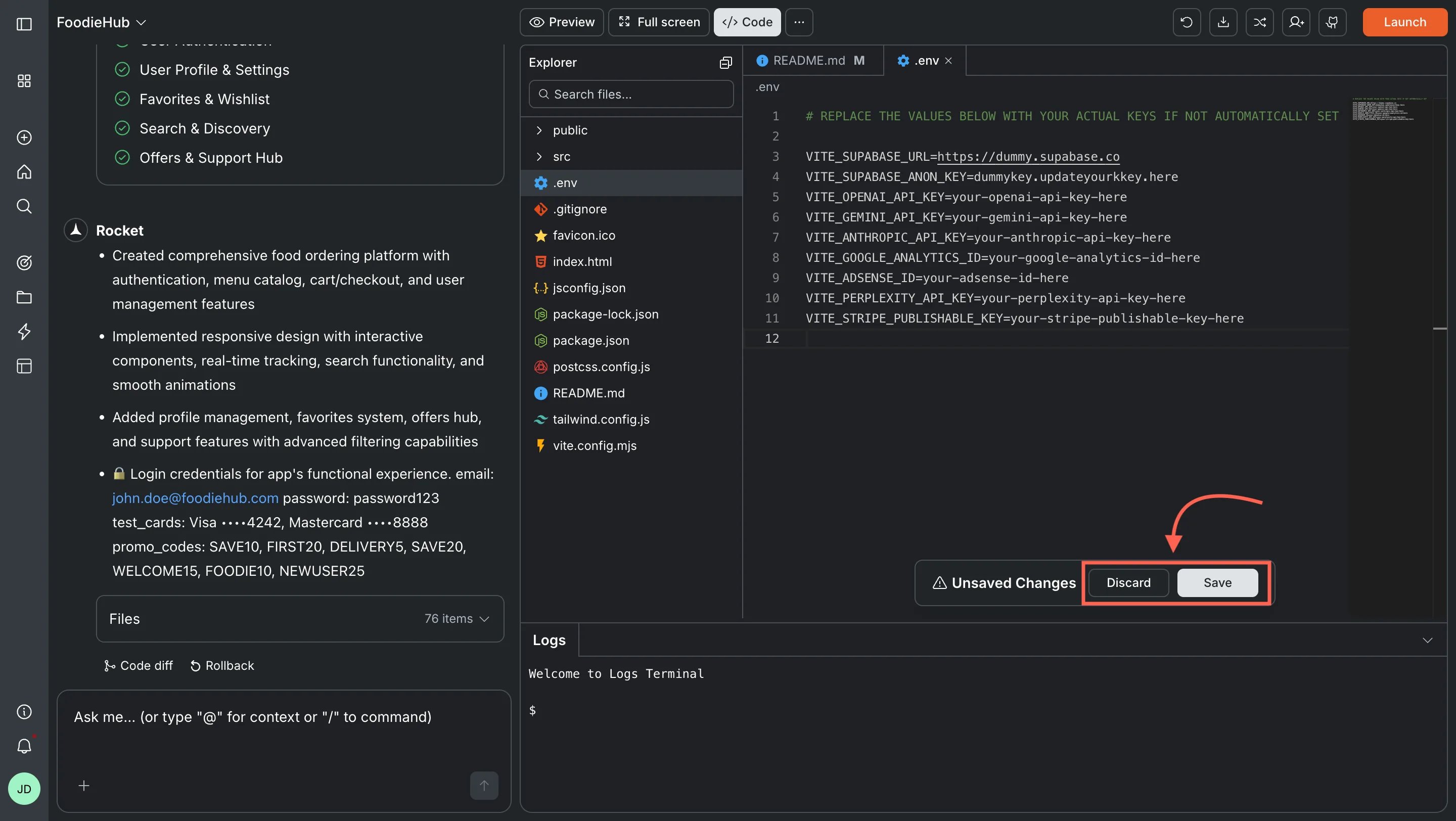 Rocket editor with unsaved changes and save/discard options.