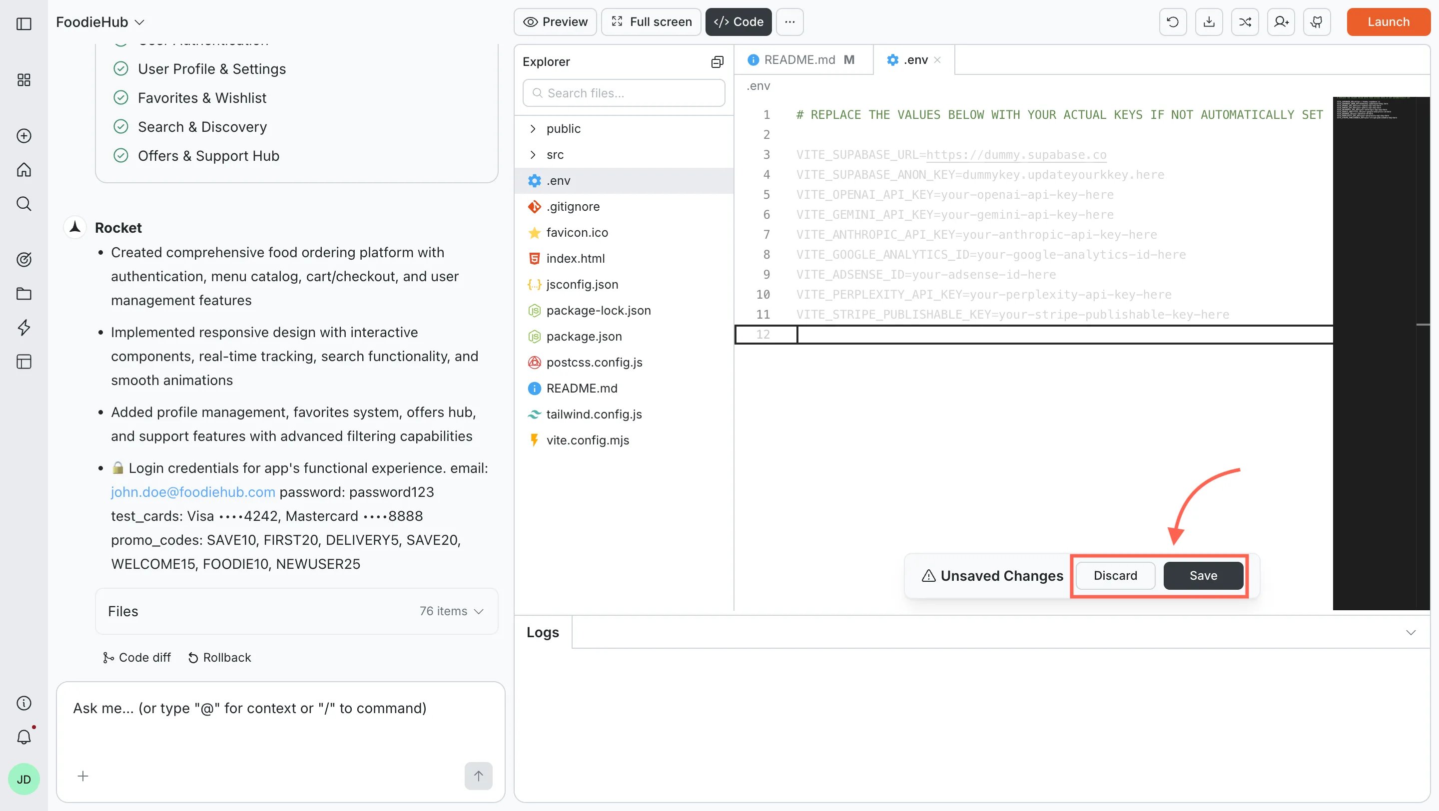 Rocket editor with unsaved changes and save/discard options.