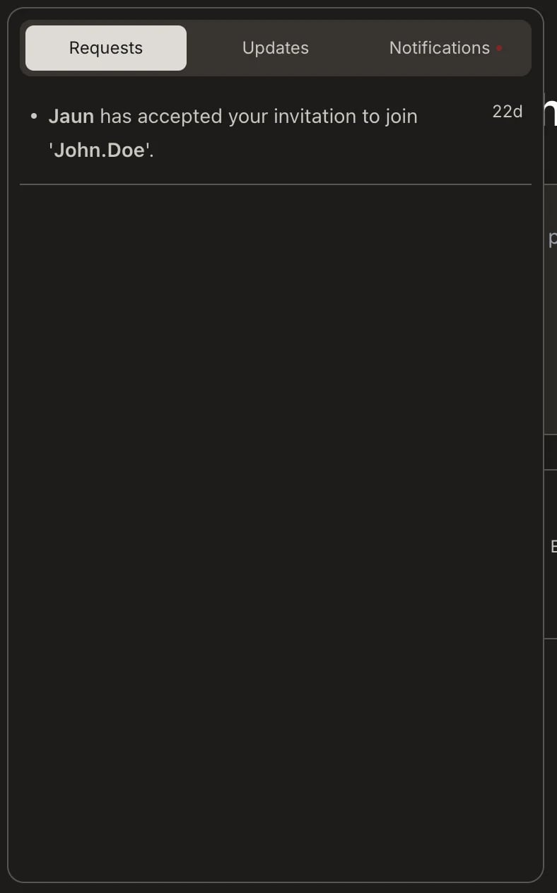 Notification panel showing Requests, Updates, and Notifications tabs.