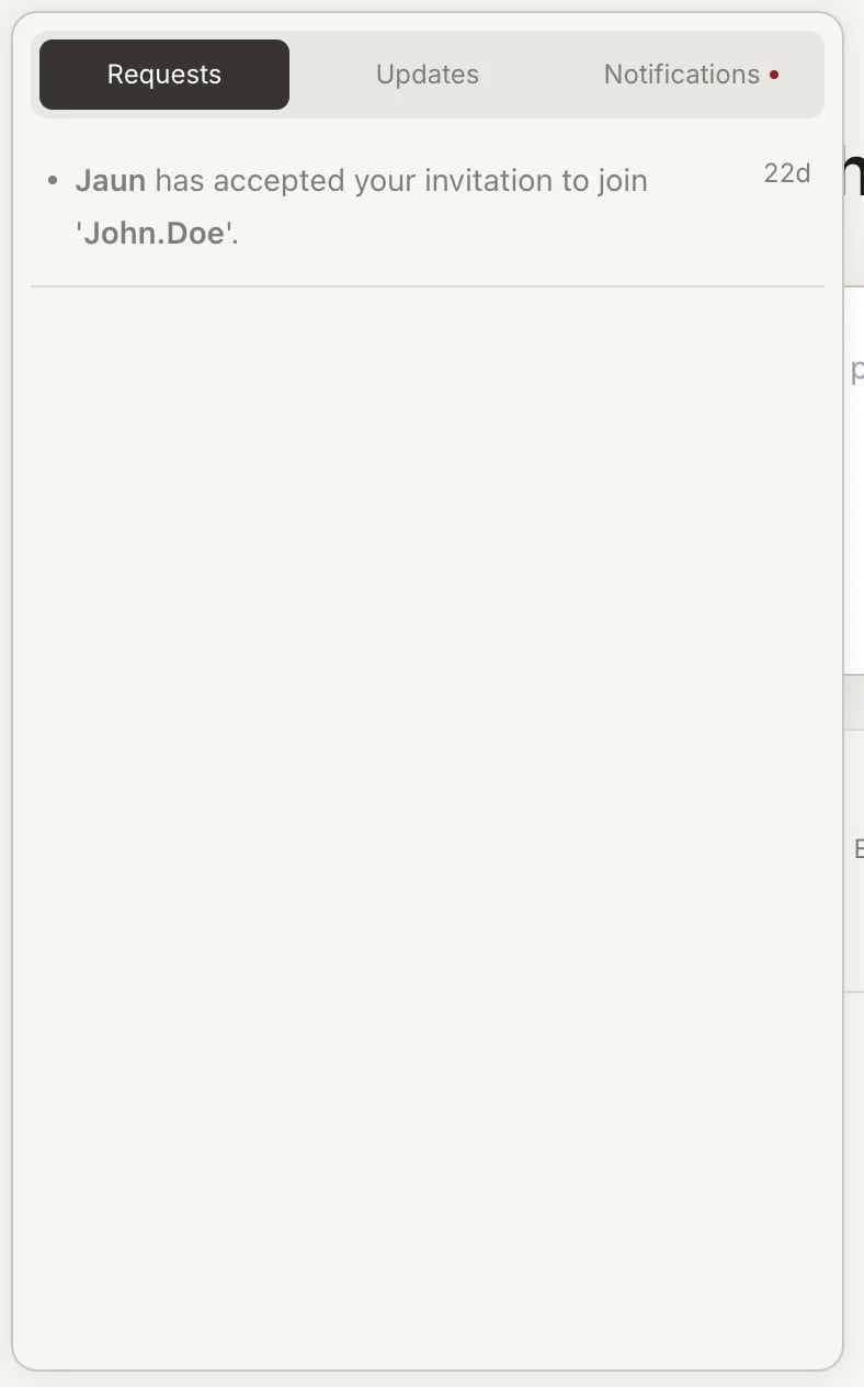 Notification panel showing Requests, Updates, and Notifications tabs.