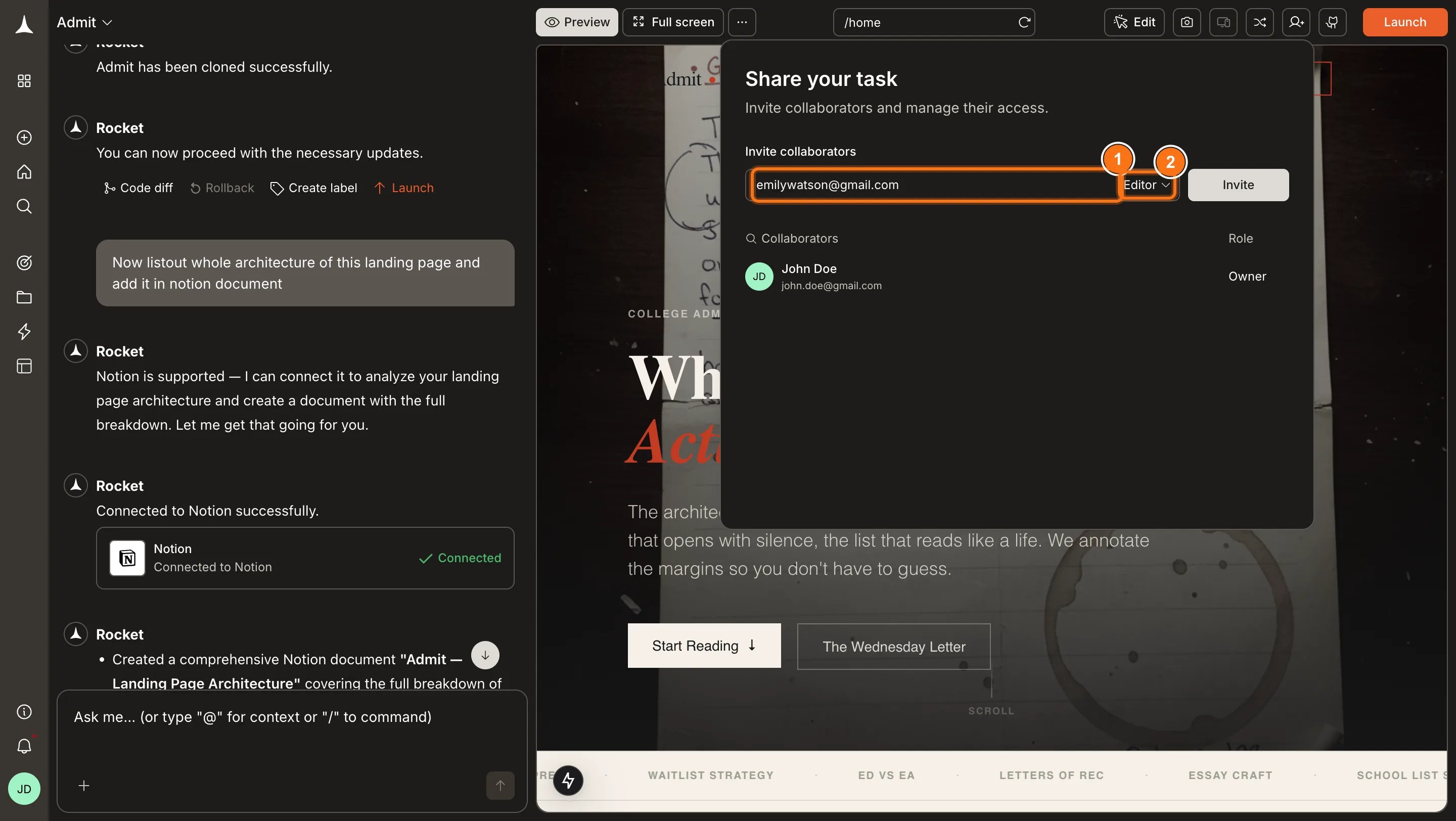 Share your task panel with email input and role dropdown.
