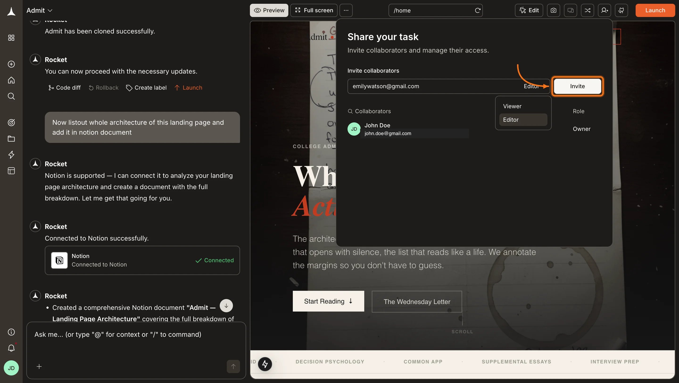 Share your task panel with role dropdown open and Invite button highlighted.