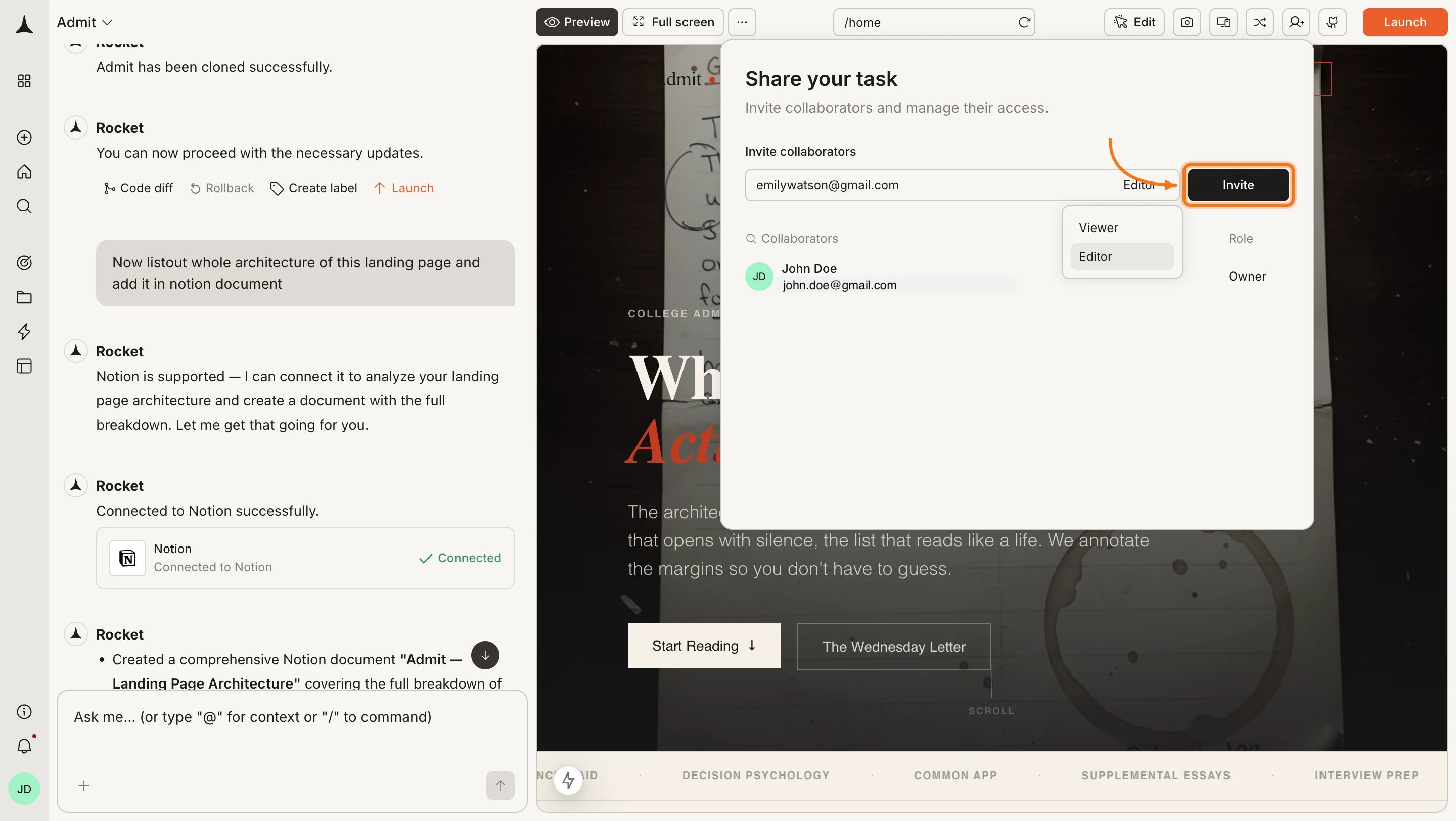 Share your task panel with role dropdown open and Invite button highlighted.