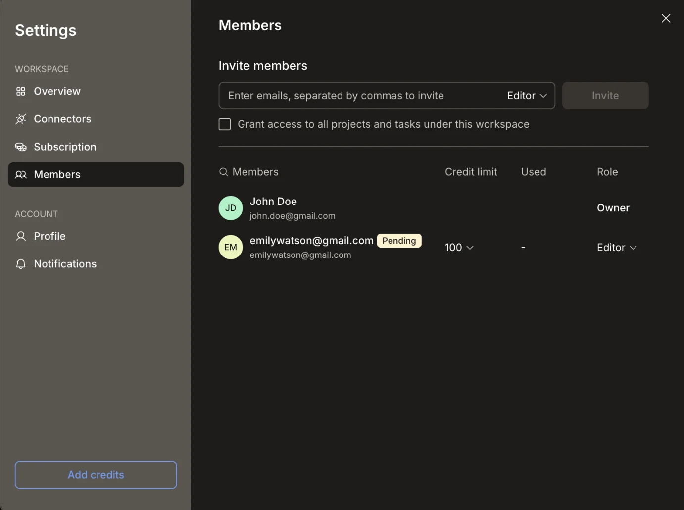 Members list with an Editor member in Pending state and credit limit set.