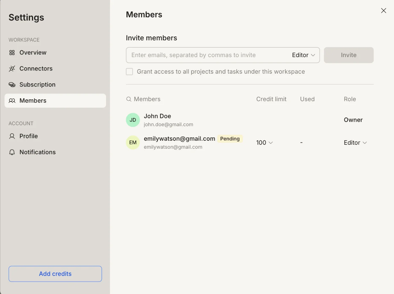 Members list with an Editor member in Pending state and credit limit set.