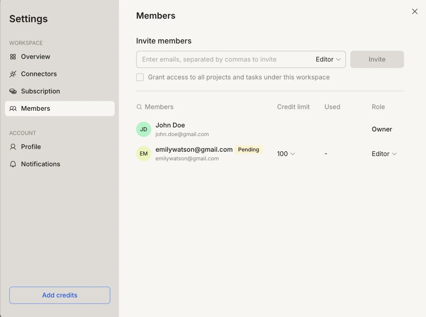 Members list with an Editor member in Pending state and credit limit set.