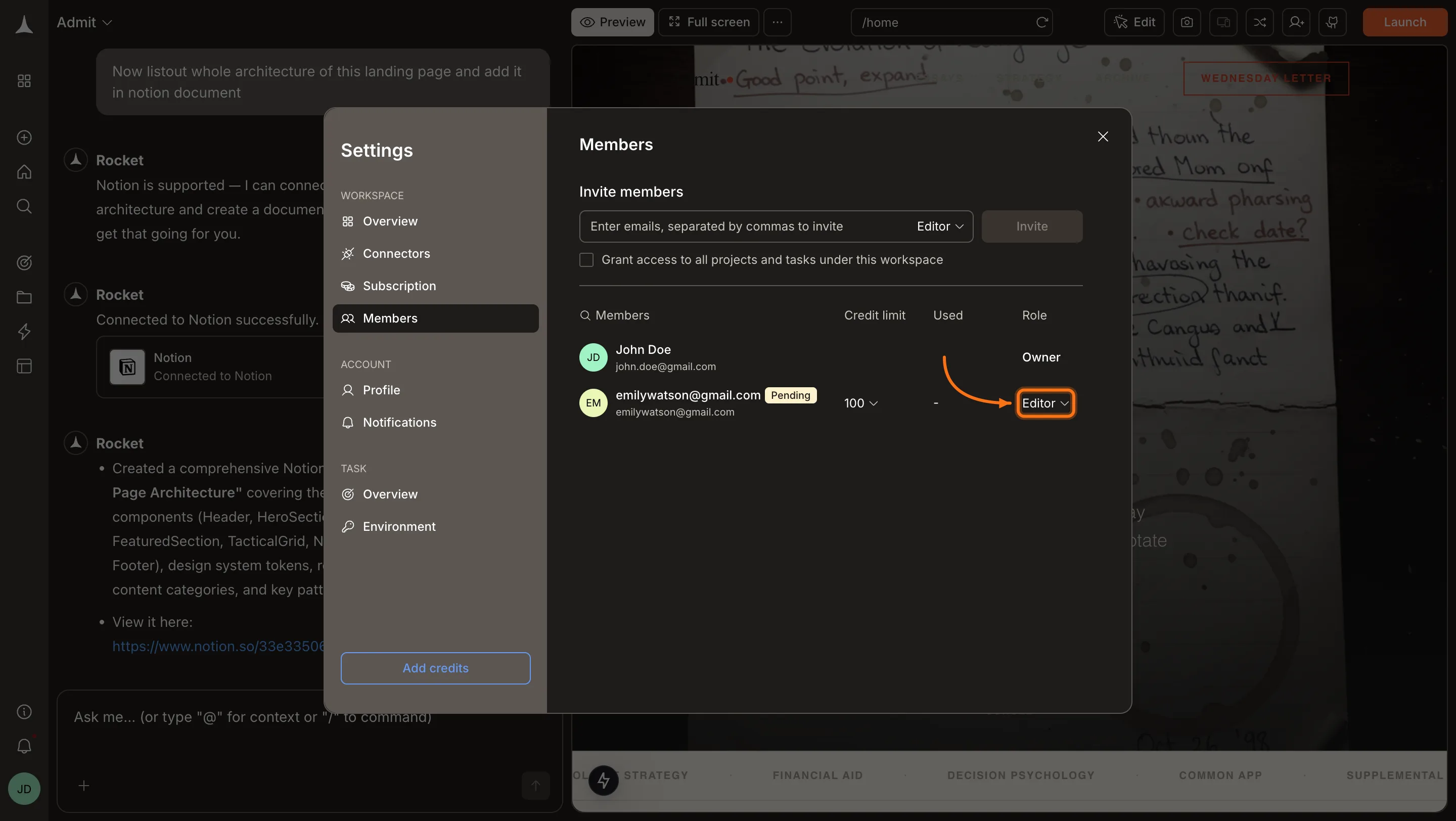 Members panel with the role dropdown highlighted on a pending member row.