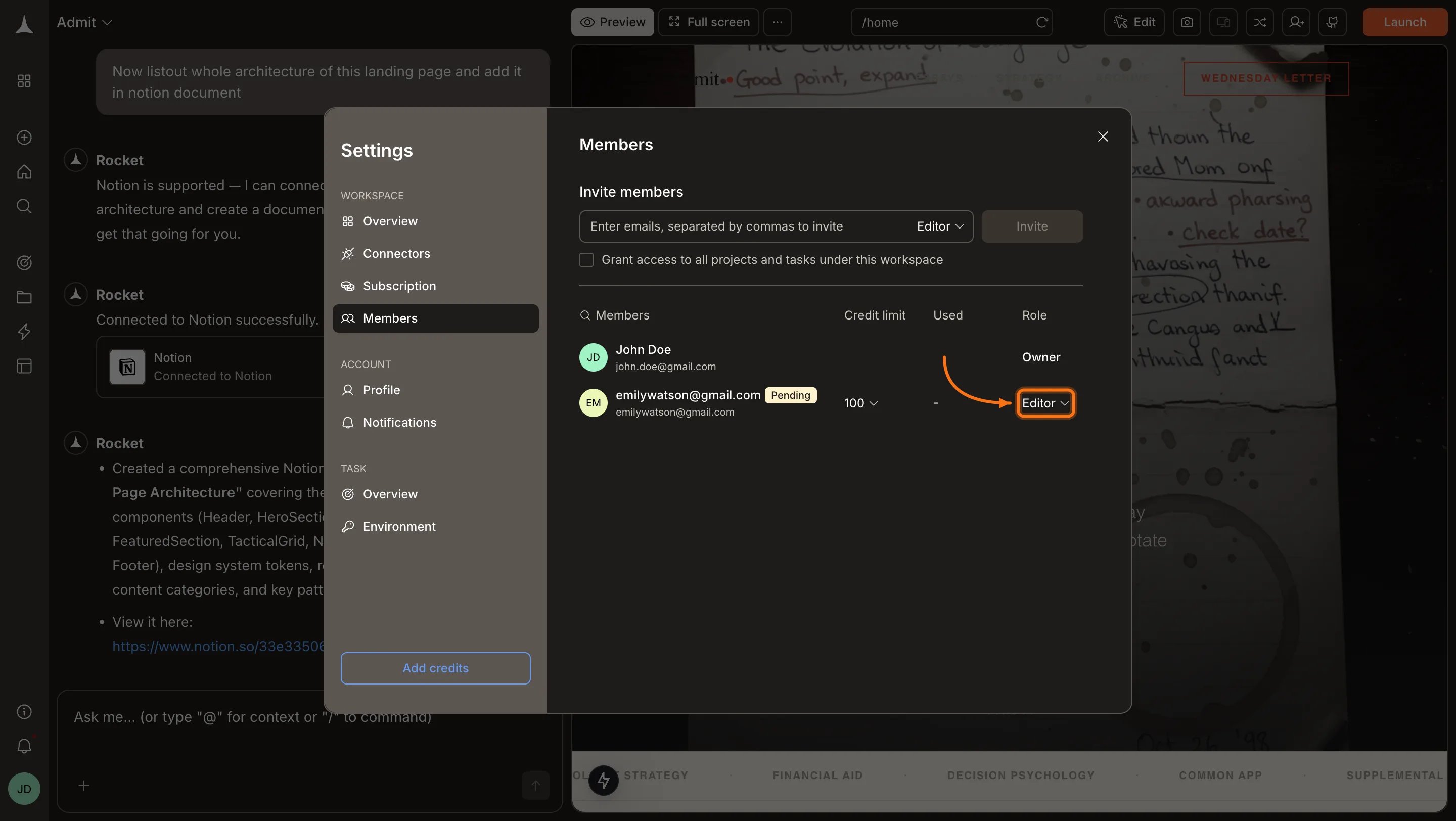 Members panel with the role dropdown highlighted on a pending member row.