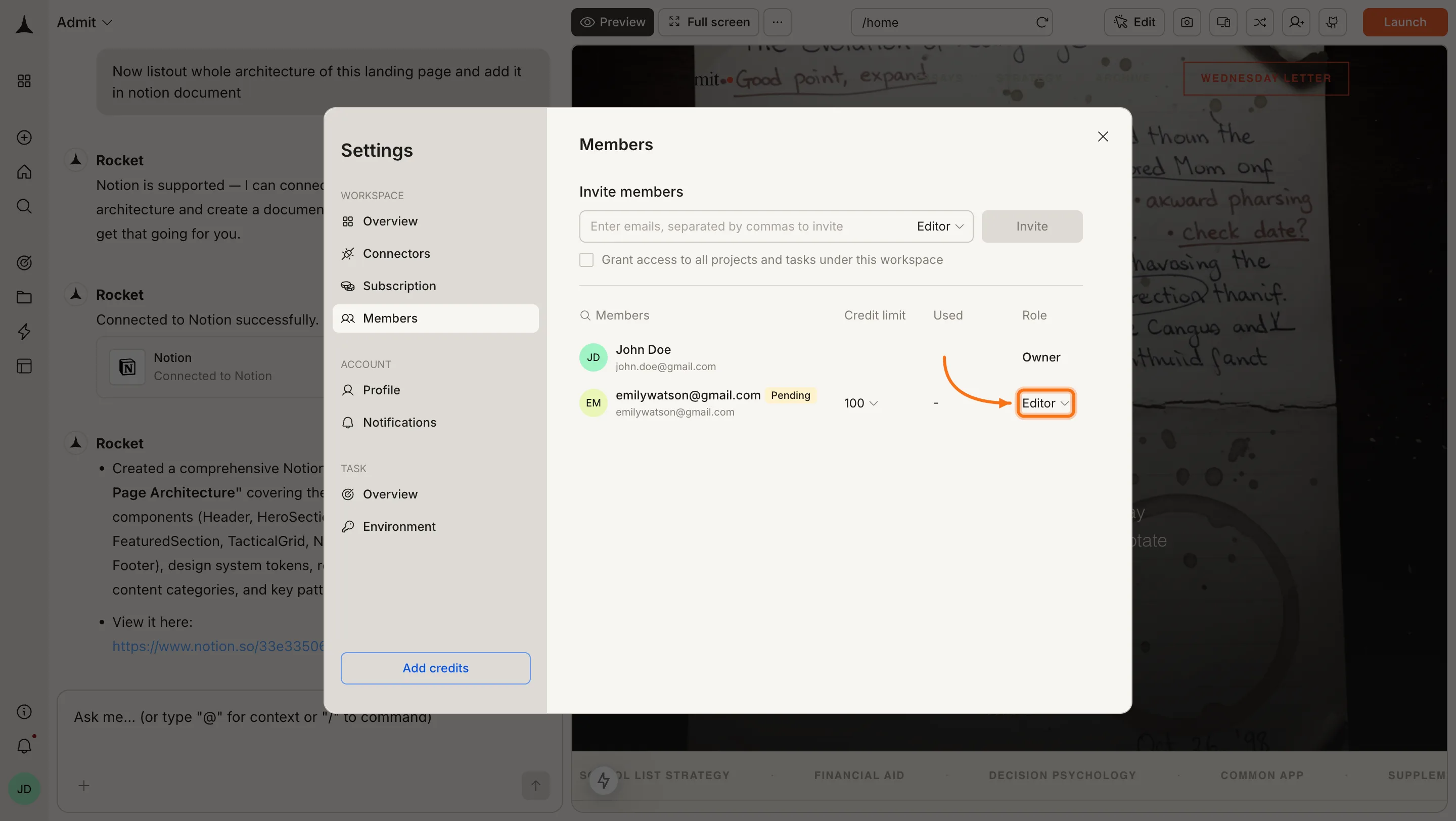 Members panel with the role dropdown highlighted on a pending member row.