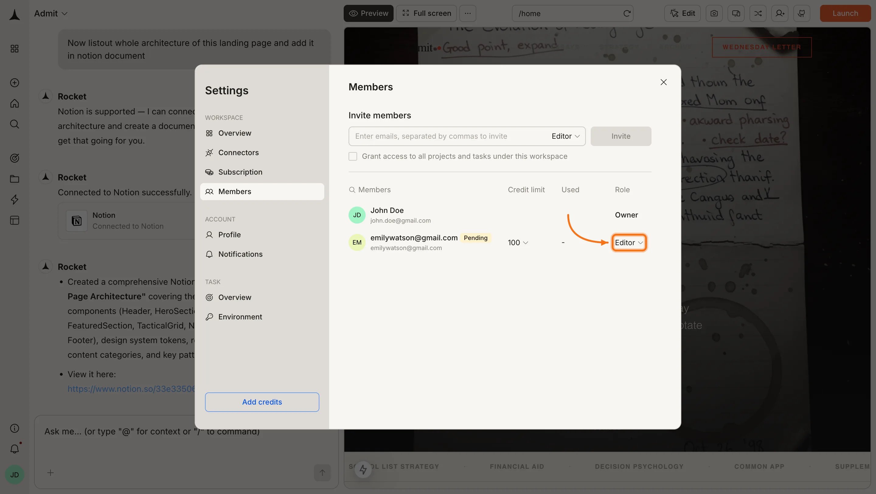 Members panel with the role dropdown highlighted on a pending member row.
