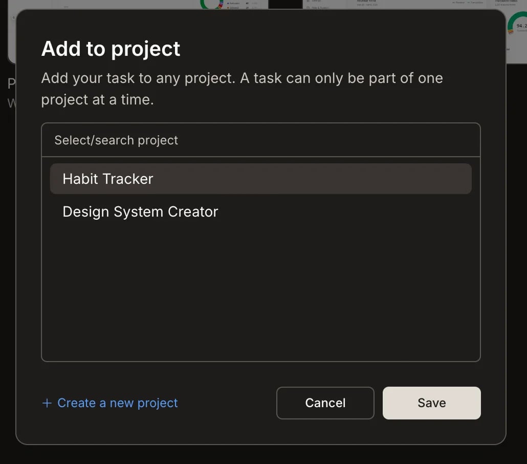 Add to project popup showing a list of existing projects with a Save button.