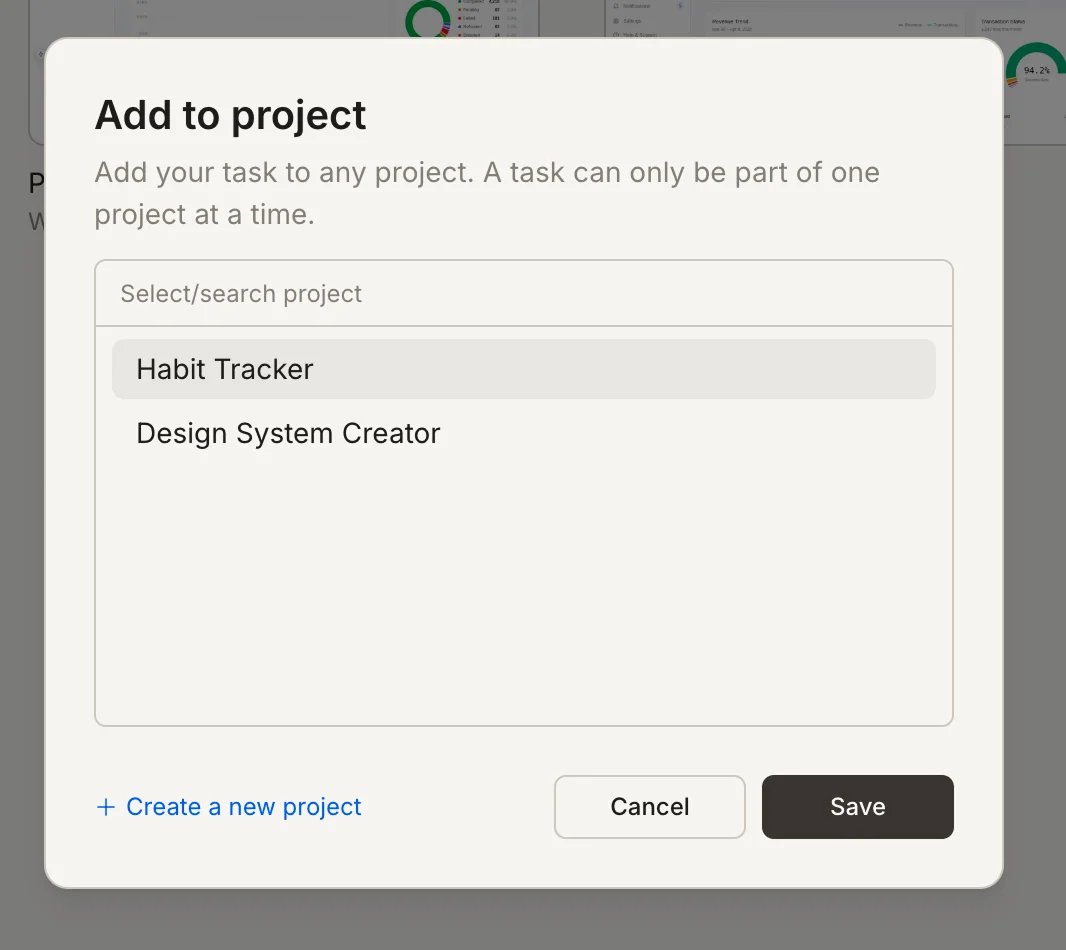 Add to project popup showing a list of existing projects with a Save button.