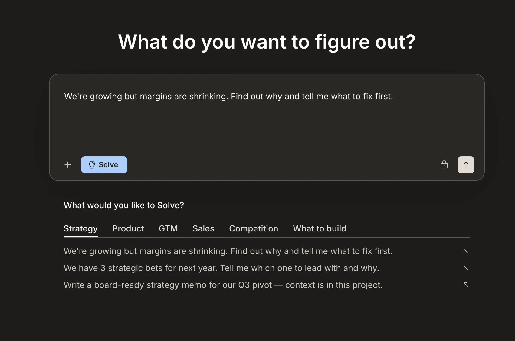 Home screen with a prompt typed in, showing the Solve button selected and task suggestions below.