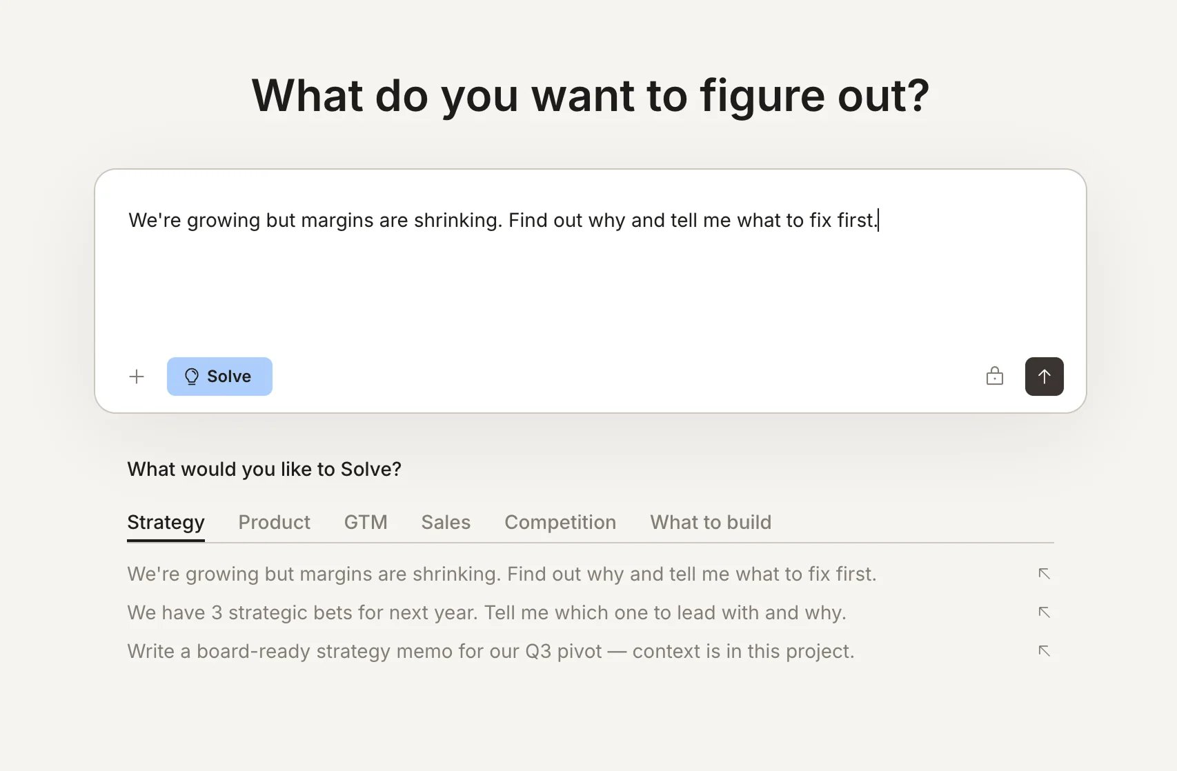 Home screen with a prompt typed in, showing the Solve button selected and task suggestions below.
