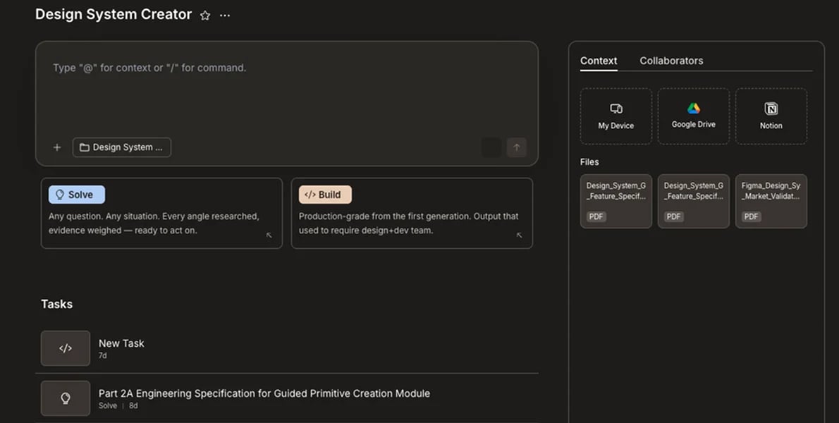 Project view showing the input with Solve and Build cards, and existing tasks listed below.