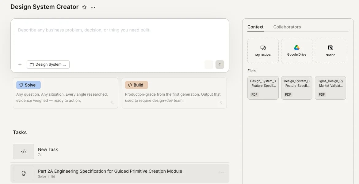 Project view showing the input with Solve and Build cards, and existing tasks listed below.