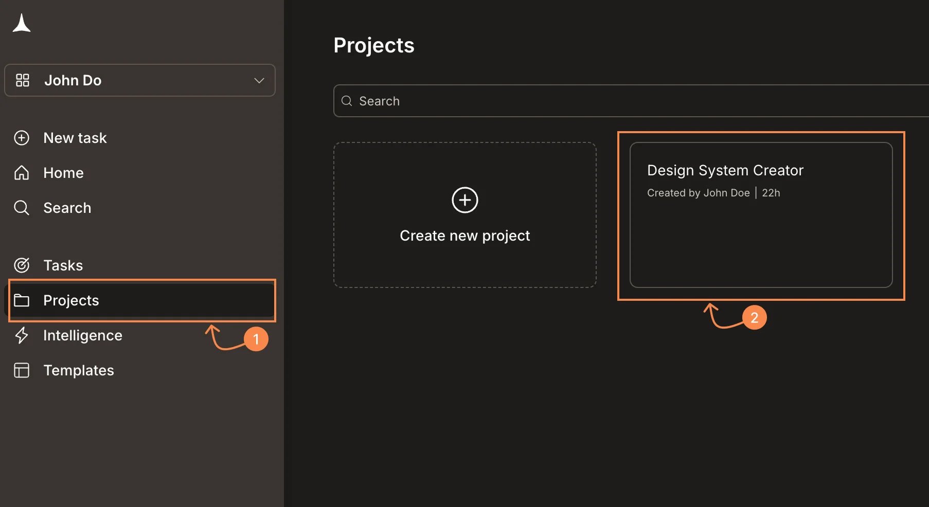Projects page with a project card highlighted.