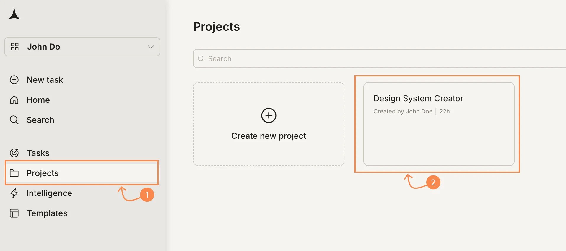 Projects page with a project card highlighted.