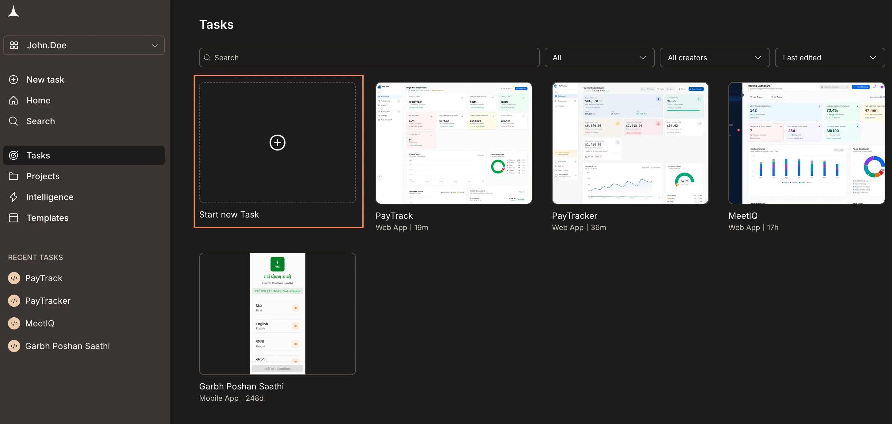 Tasks page with Start new Task card highlighted.