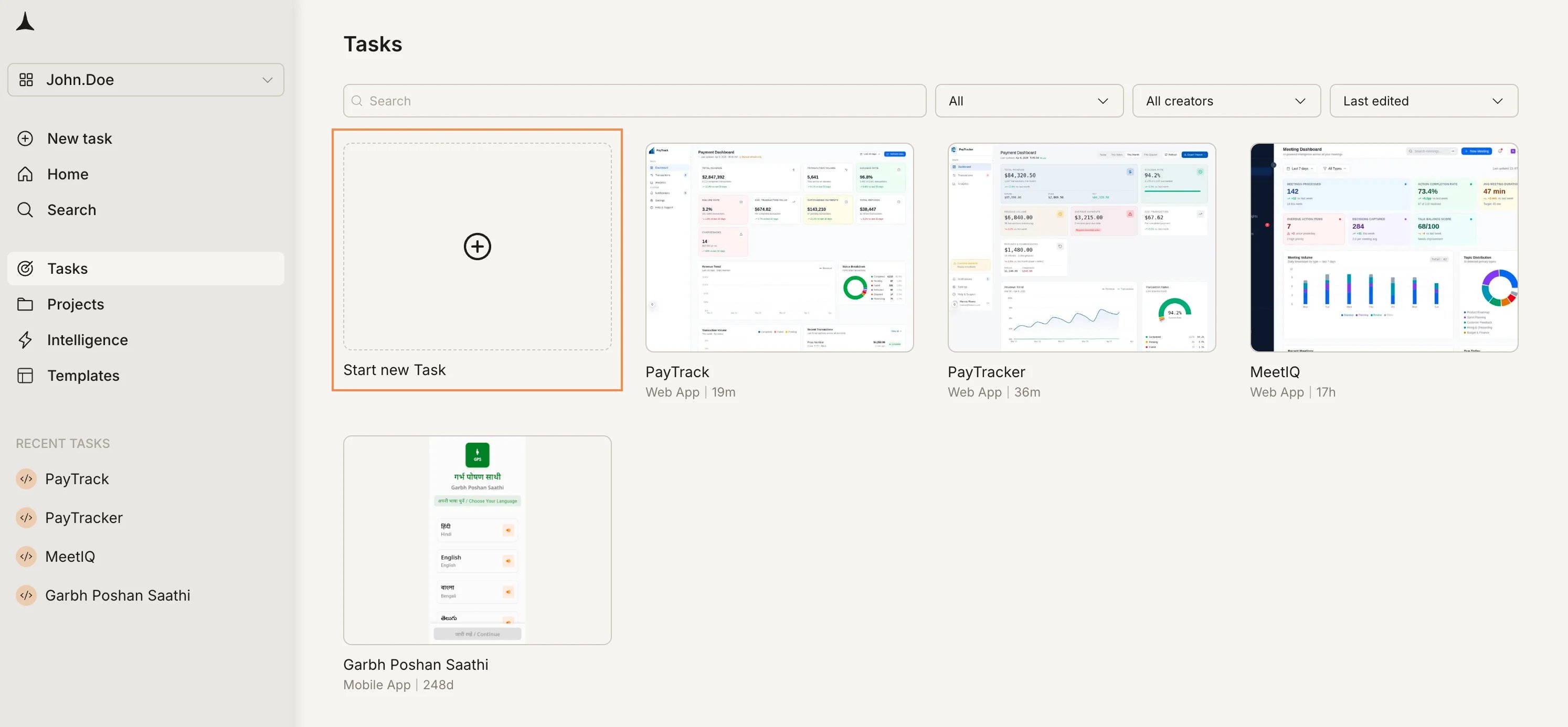 Tasks page with Start new Task card highlighted.