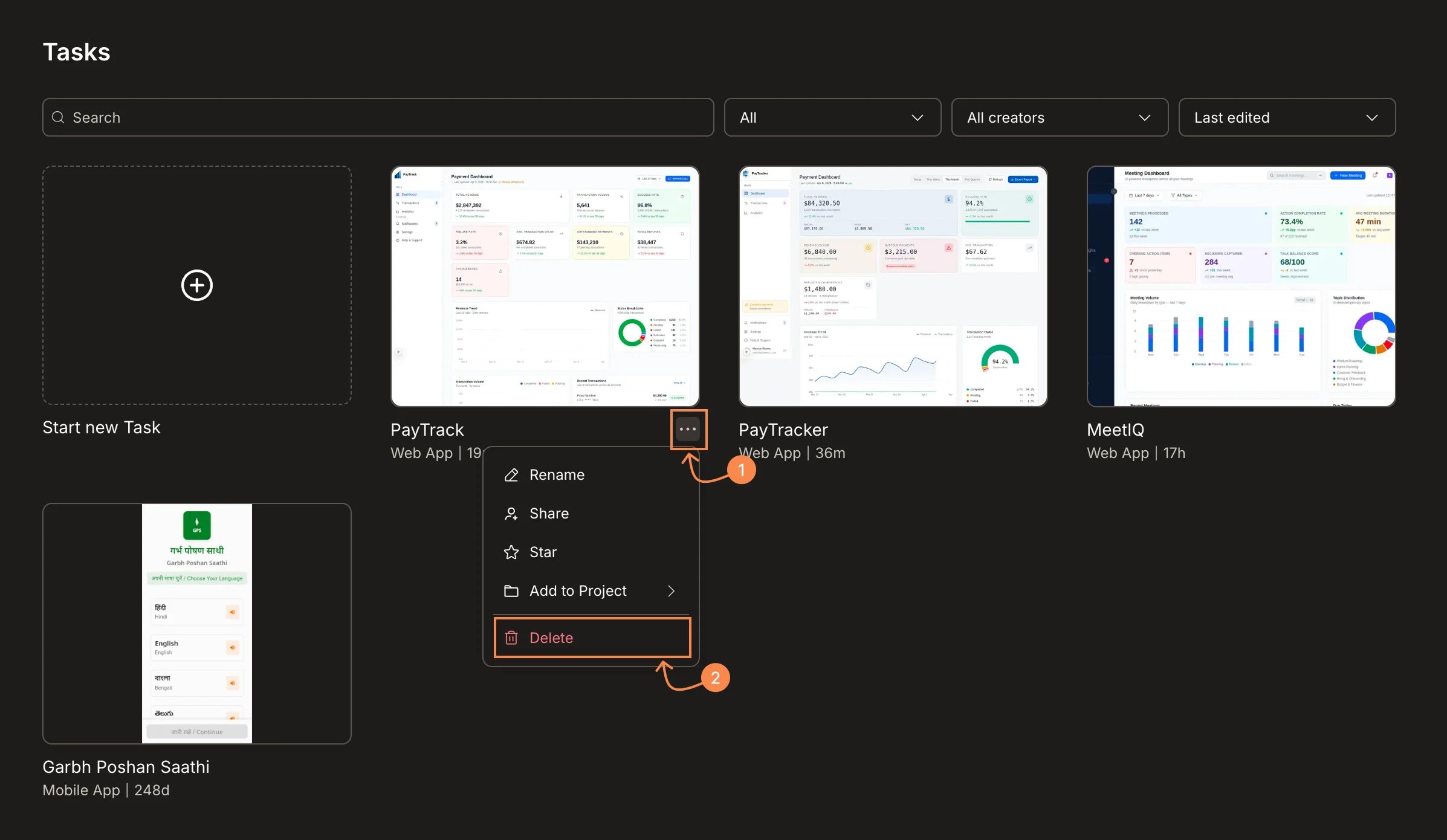 Tasks page with the ... menu open on a task, showing Delete highlighted.