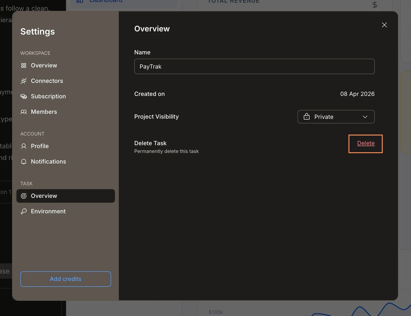 Task Settings Overview panel with Delete Task and the Delete button highlighted.