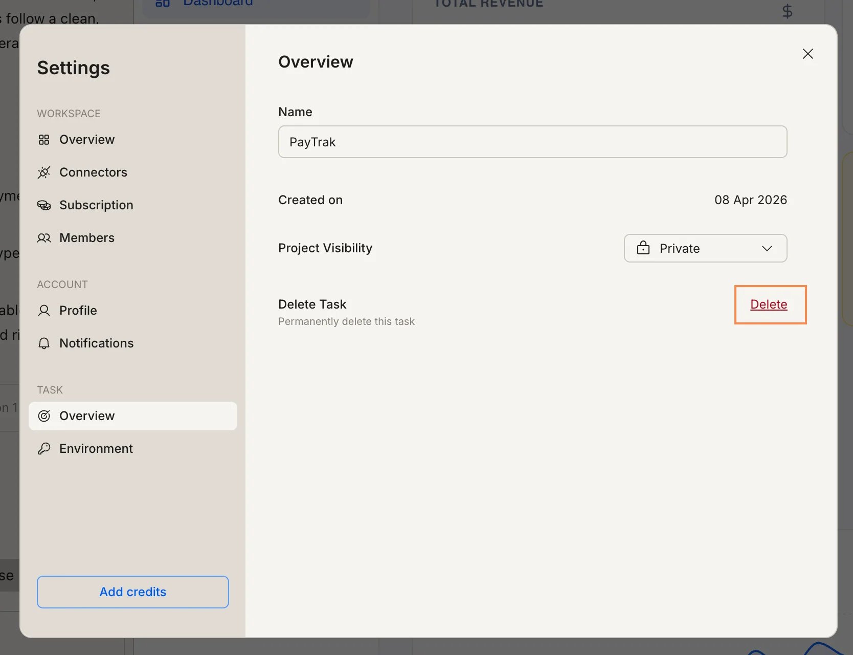 Task Settings Overview panel with Delete Task and the Delete button highlighted.
