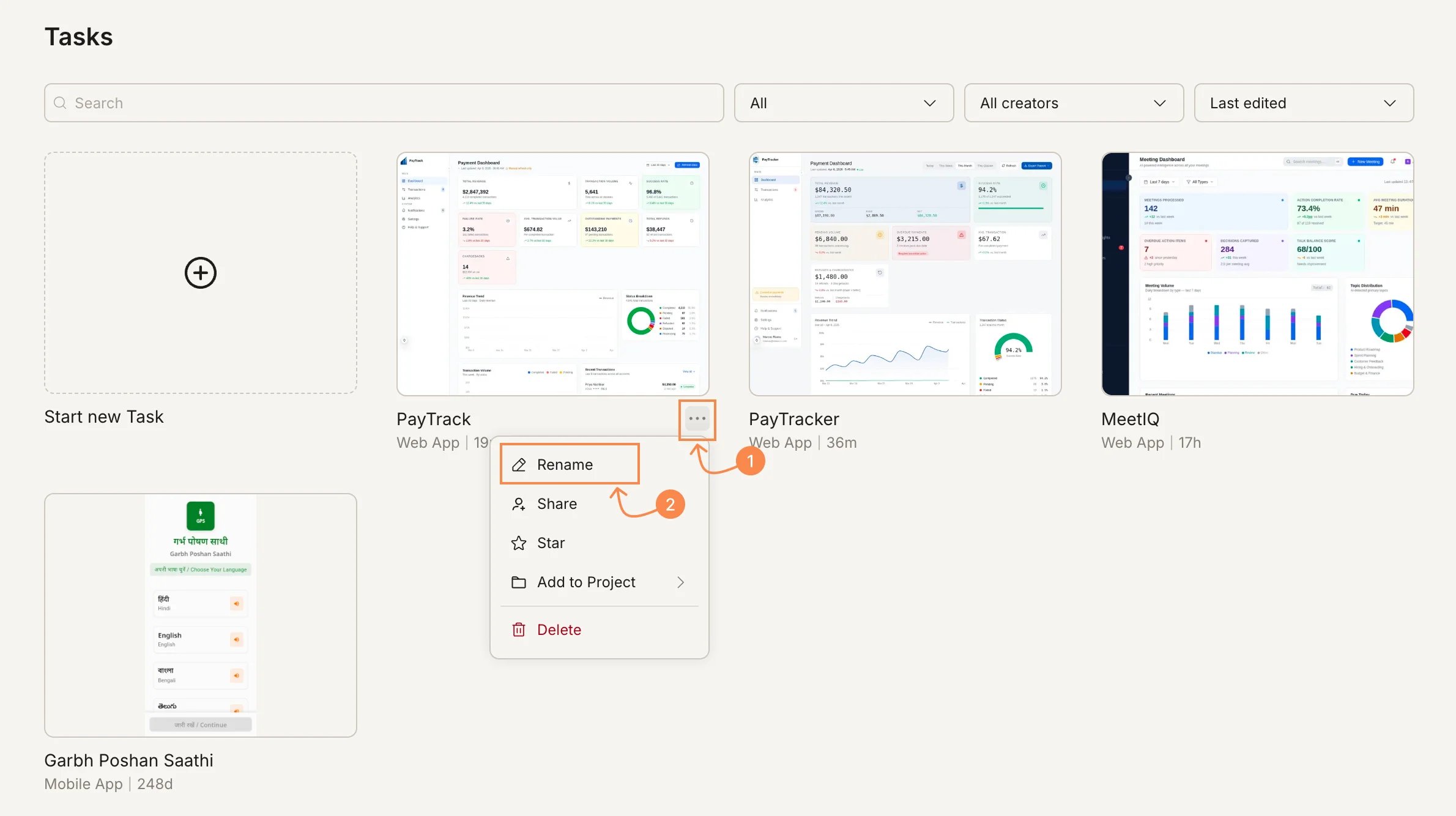 Tasks page with the ... menu open on a task, showing Rename highlighted.