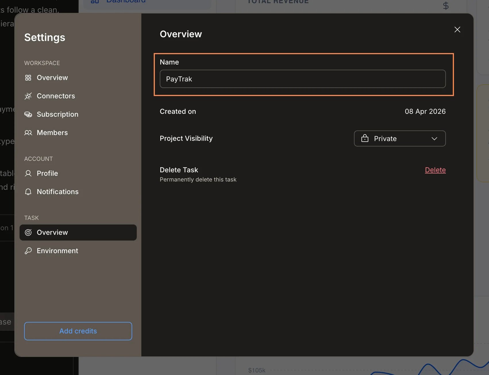 Settings panel showing the Task Overview section with the Name field highlighted.