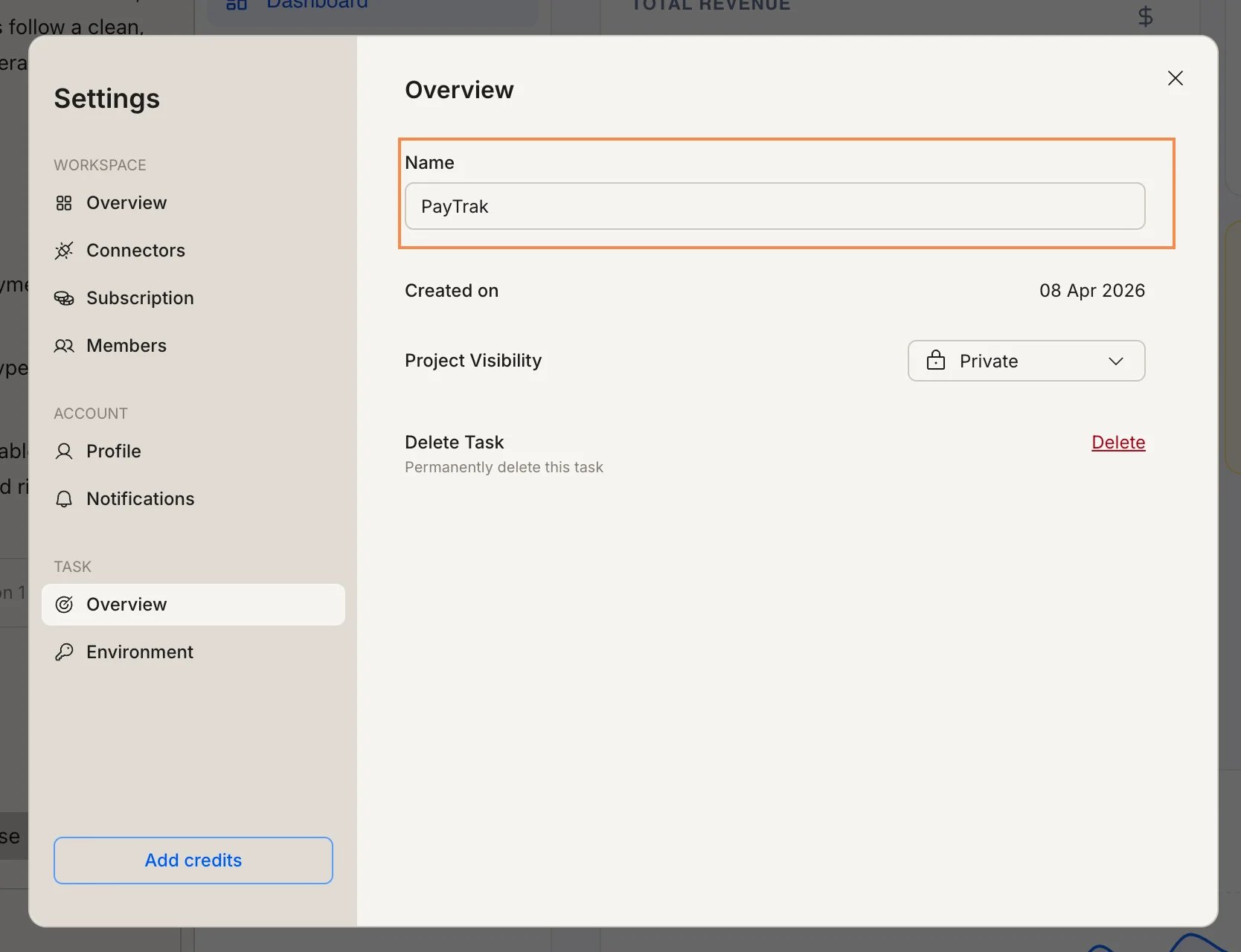 Settings panel showing the Task Overview section with the Name field highlighted.