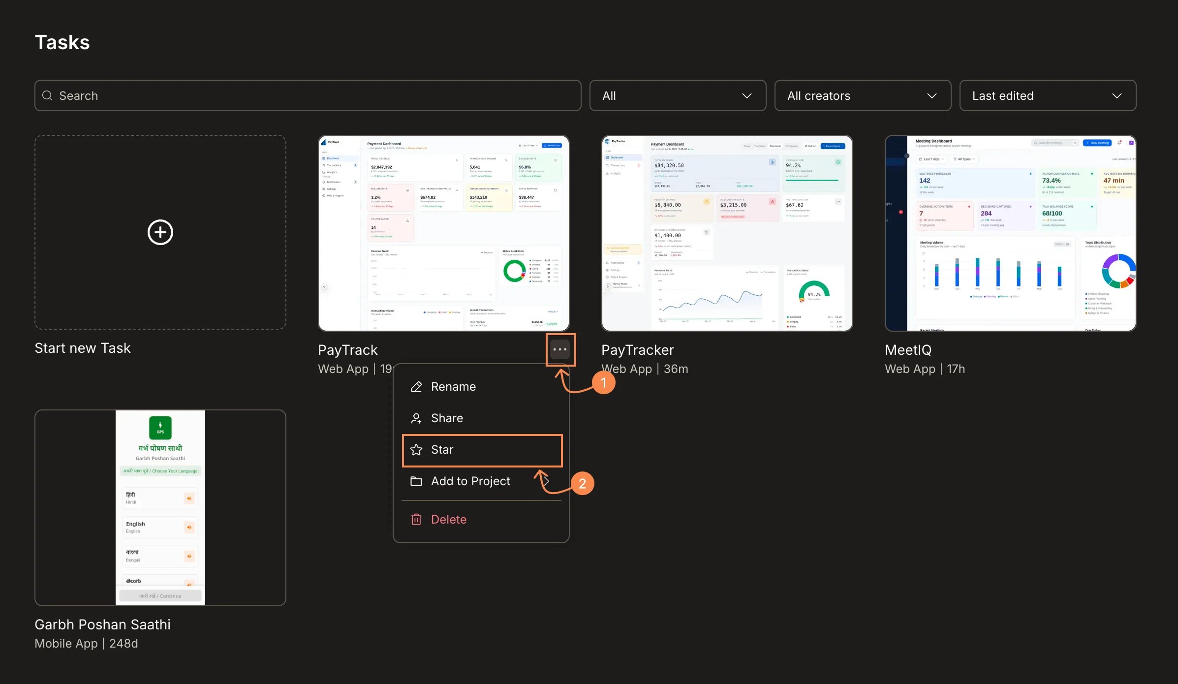 Tasks page with the ... menu open on a task, showing Star highlighted.