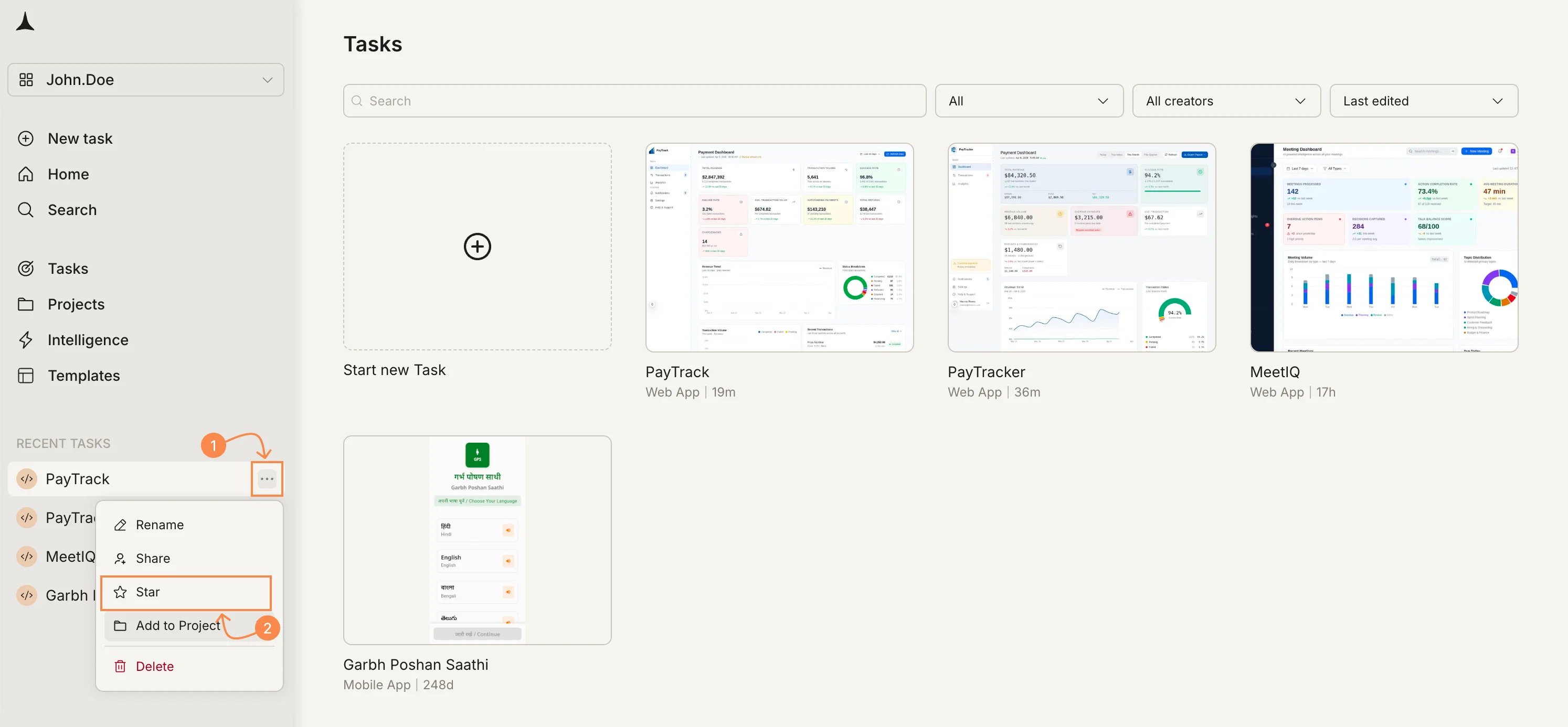 Sidebar with Recent Tasks showing the ... menu open with Star highlighted.