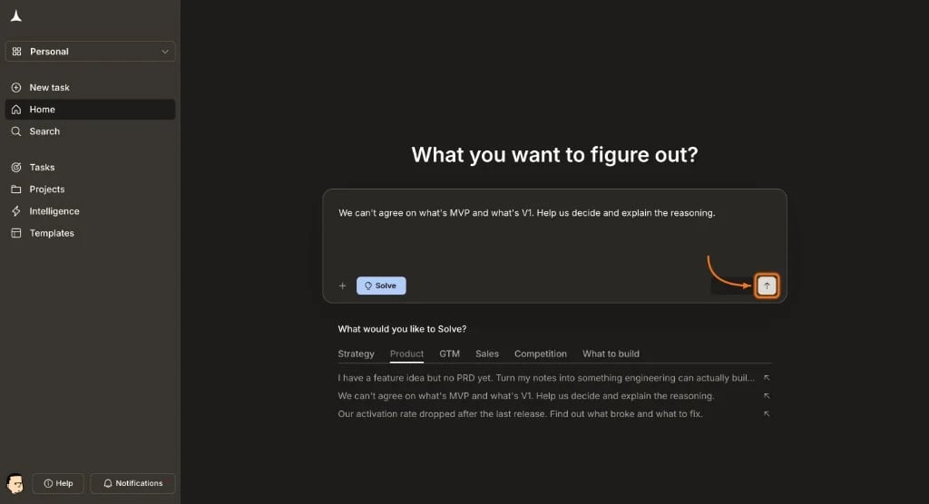 Solve input field with a typed business question and the Send button.