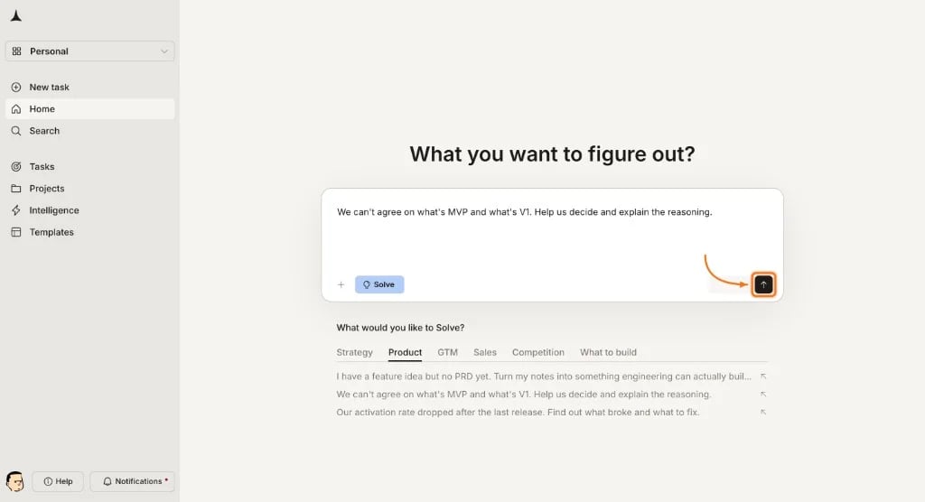 Solve input field with a typed business question and the Send button.