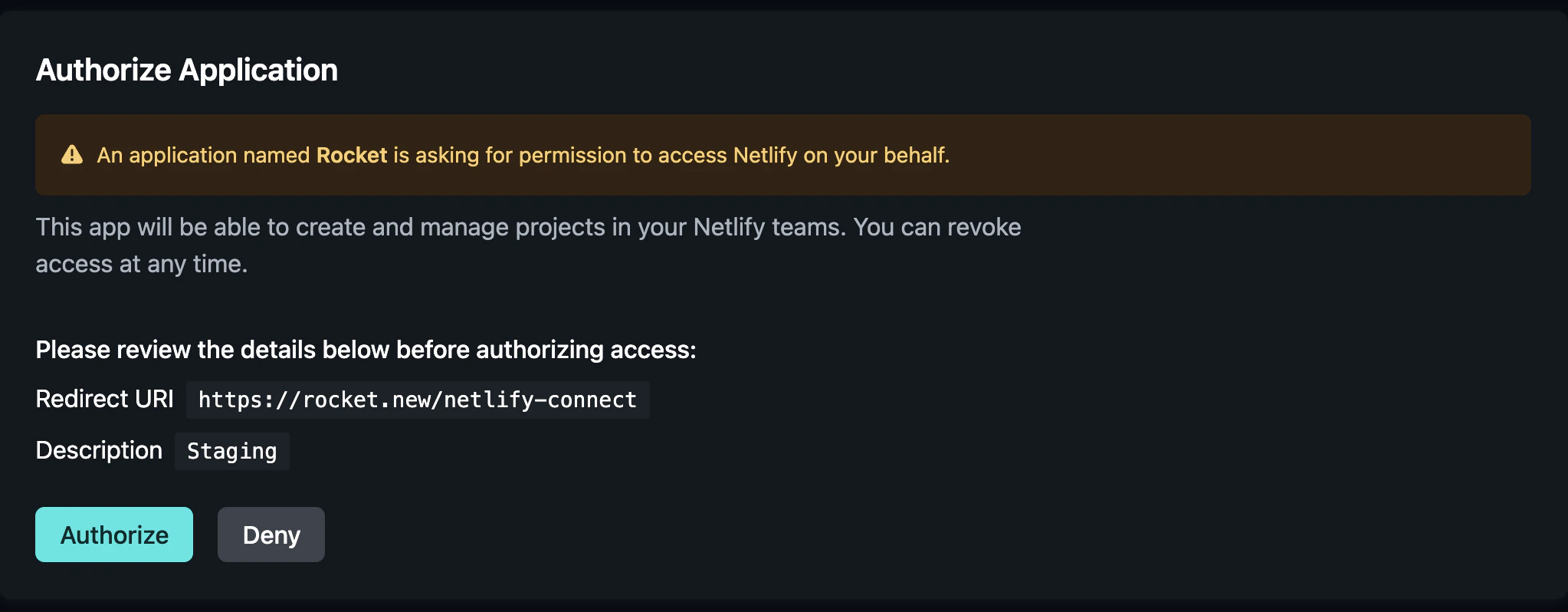 Netlify OAuth authorization screen asking to authorize Rocket to access your Netlify account.