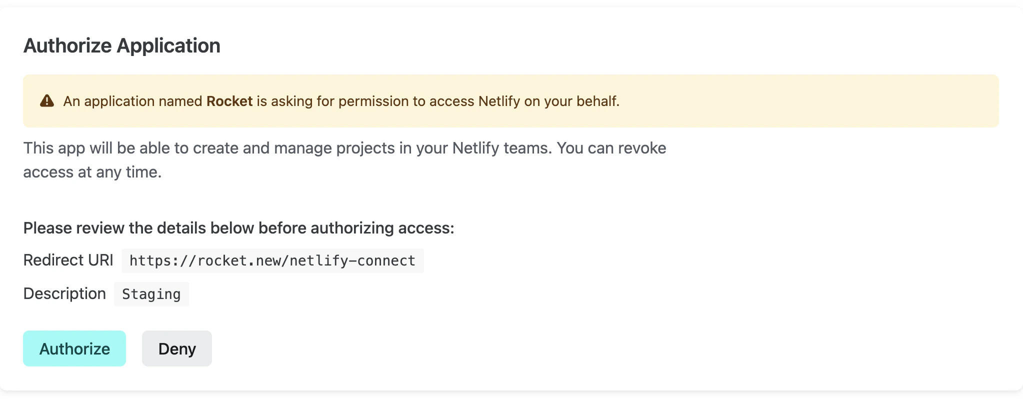 Netlify OAuth authorization screen asking to authorize Rocket to access your Netlify account.