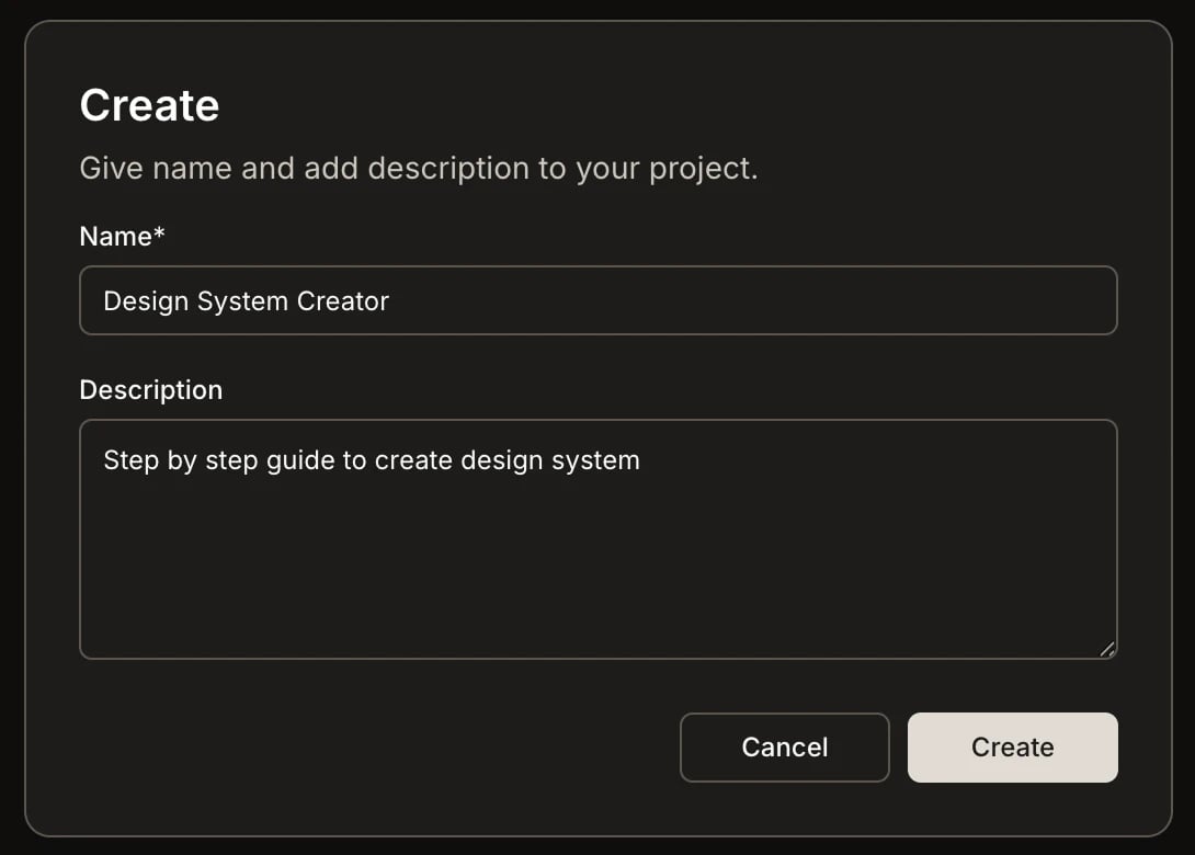 Create project dialog with Name and Description fields.