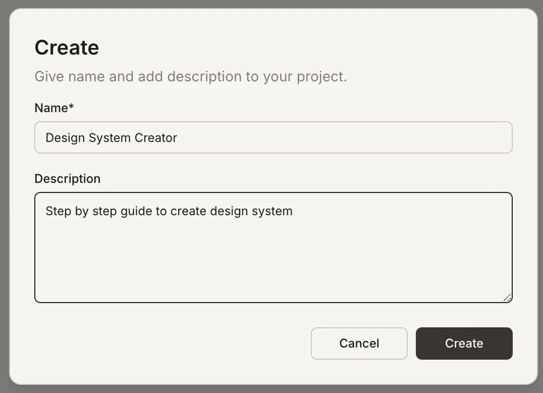 Create project dialog with Name and Description fields.