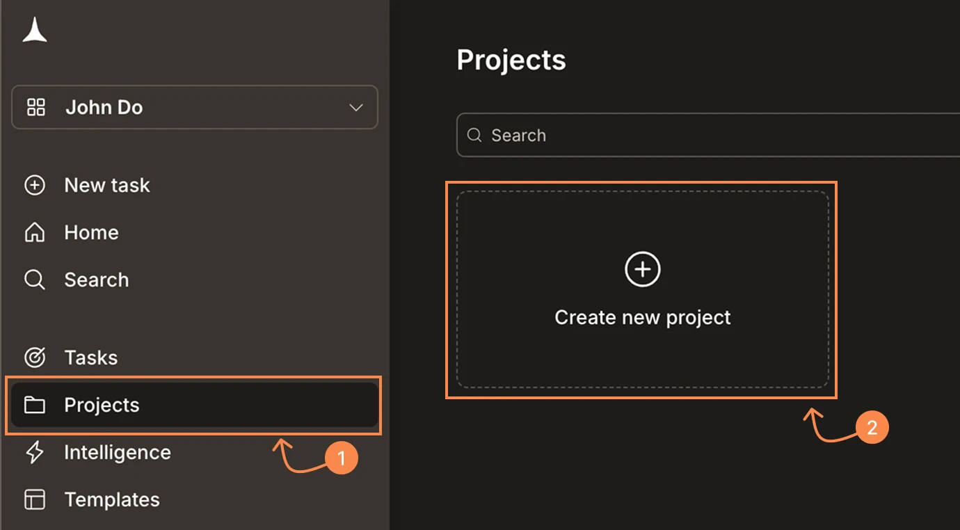 Sidebar with Projects highlighted and a project card visible.