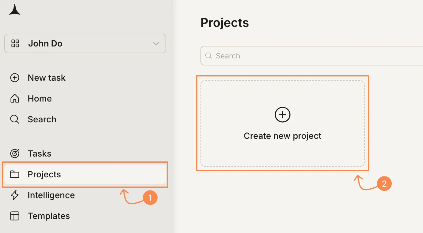 Sidebar with Projects highlighted and a project card visible.