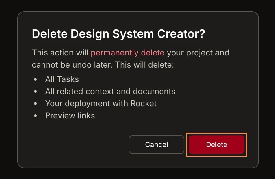 Delete project confirmation dialog listing all tasks, context, documents, deployments, and preview links that will be permanently deleted.