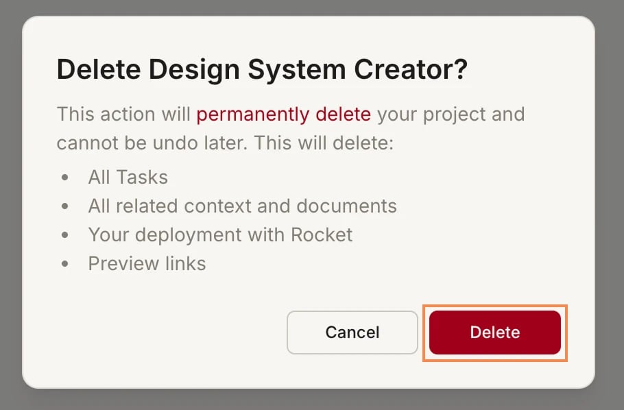 Delete project confirmation dialog listing all tasks, context, documents, deployments, and preview links that will be permanently deleted.