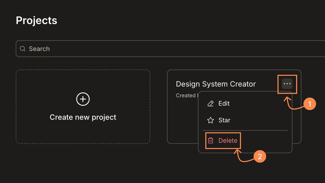 Project card three-dot menu with Delete highlighted.