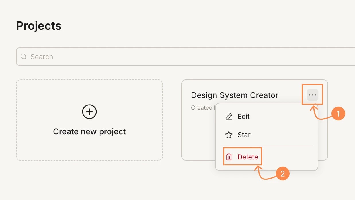 Project card three-dot menu with Delete highlighted.