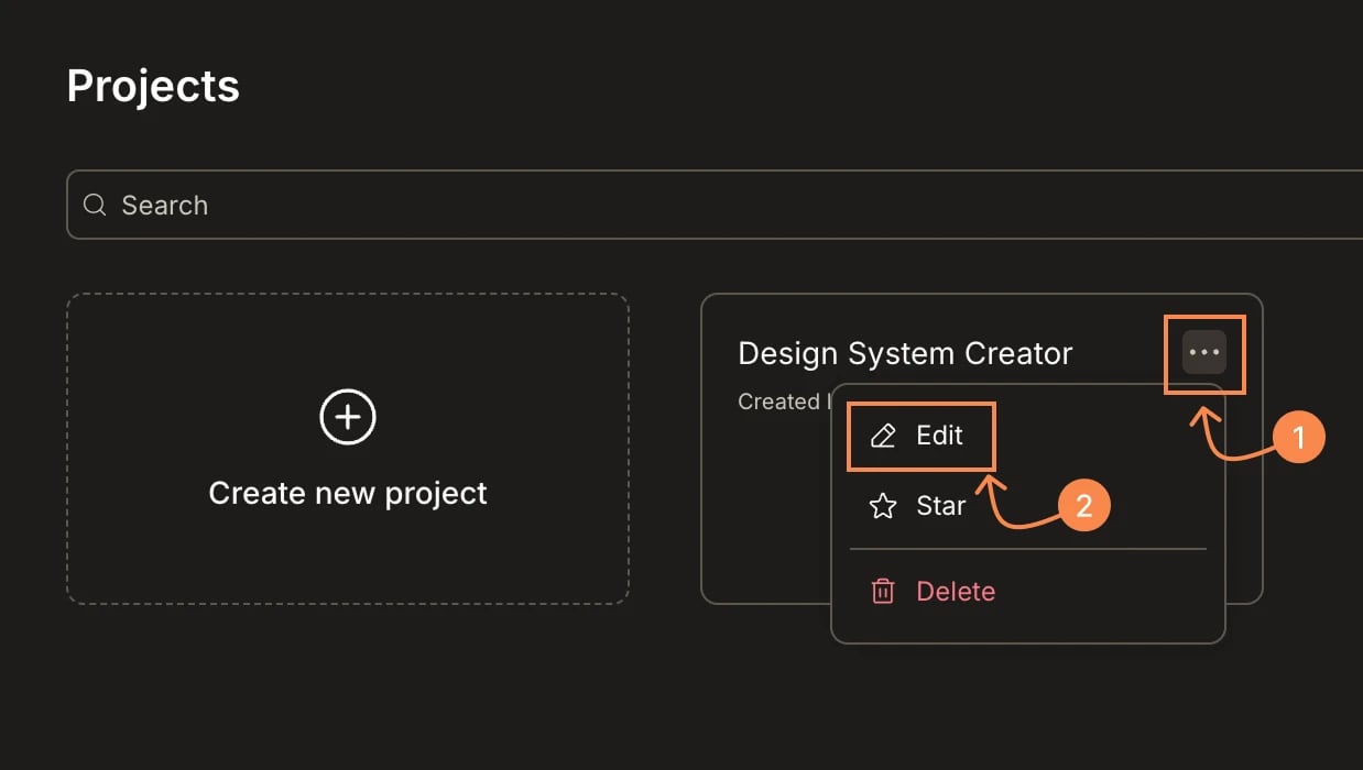 Edit project dialog with Name and Description fields showing current values.