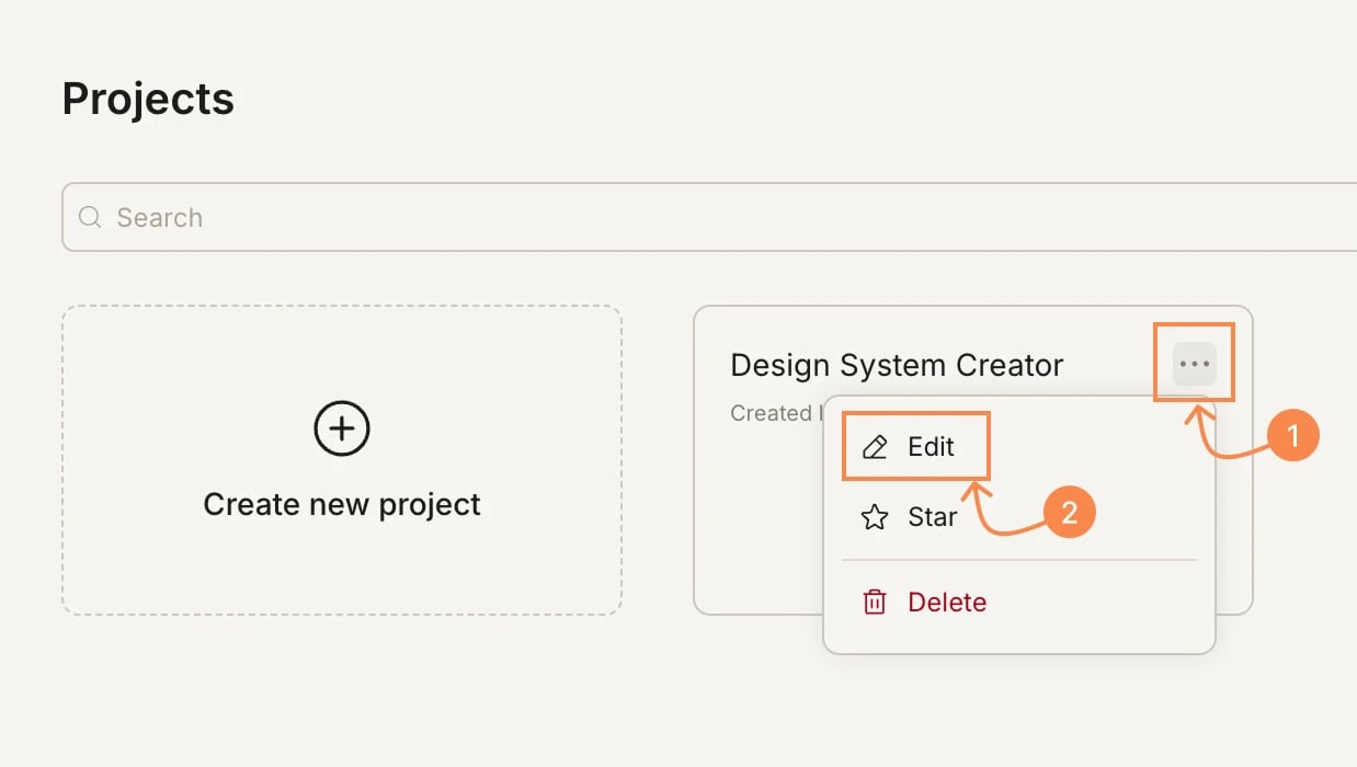 Edit project dialog with Name and Description fields showing current values.