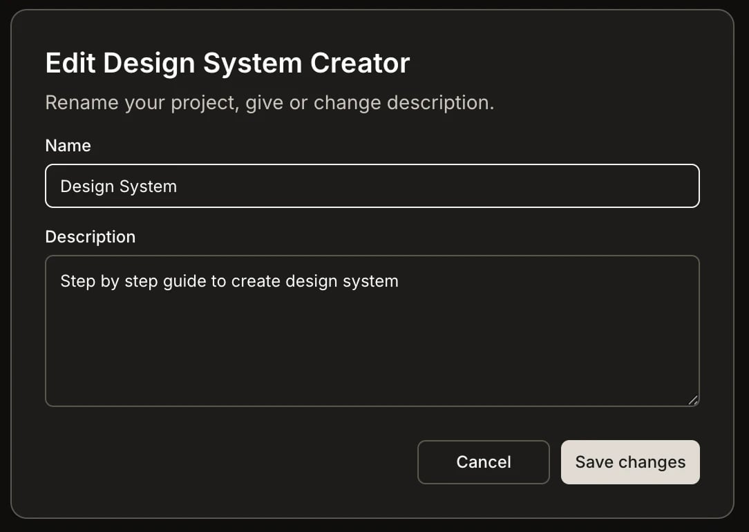 Edit project dialog with updated name and description, Save changes button highlighted.
