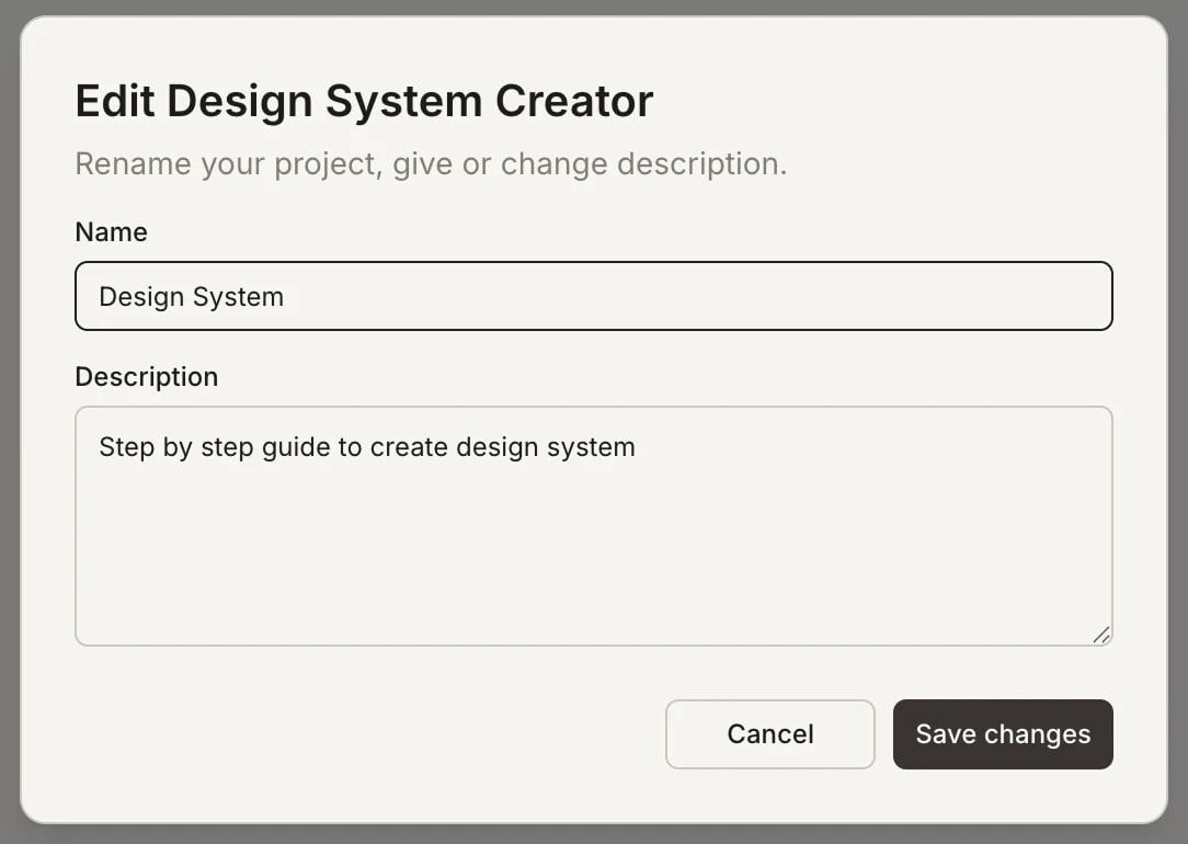 Edit project dialog with updated name and description, Save changes button highlighted.